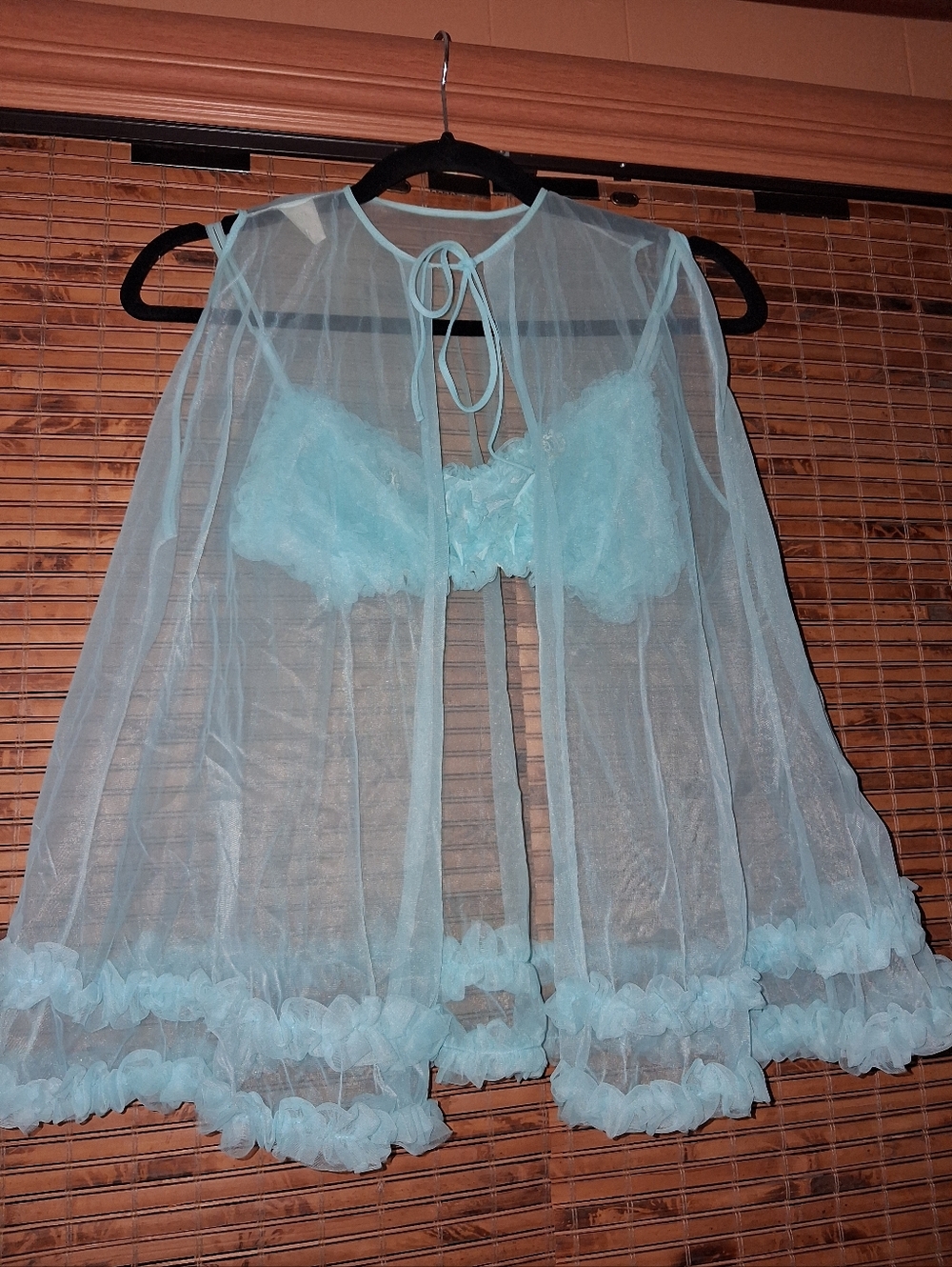 VINTAGE TURQUOISE / TEAL SHEER RUFFLED BRALET AND BABYDOLL COVERUP NIGHTY